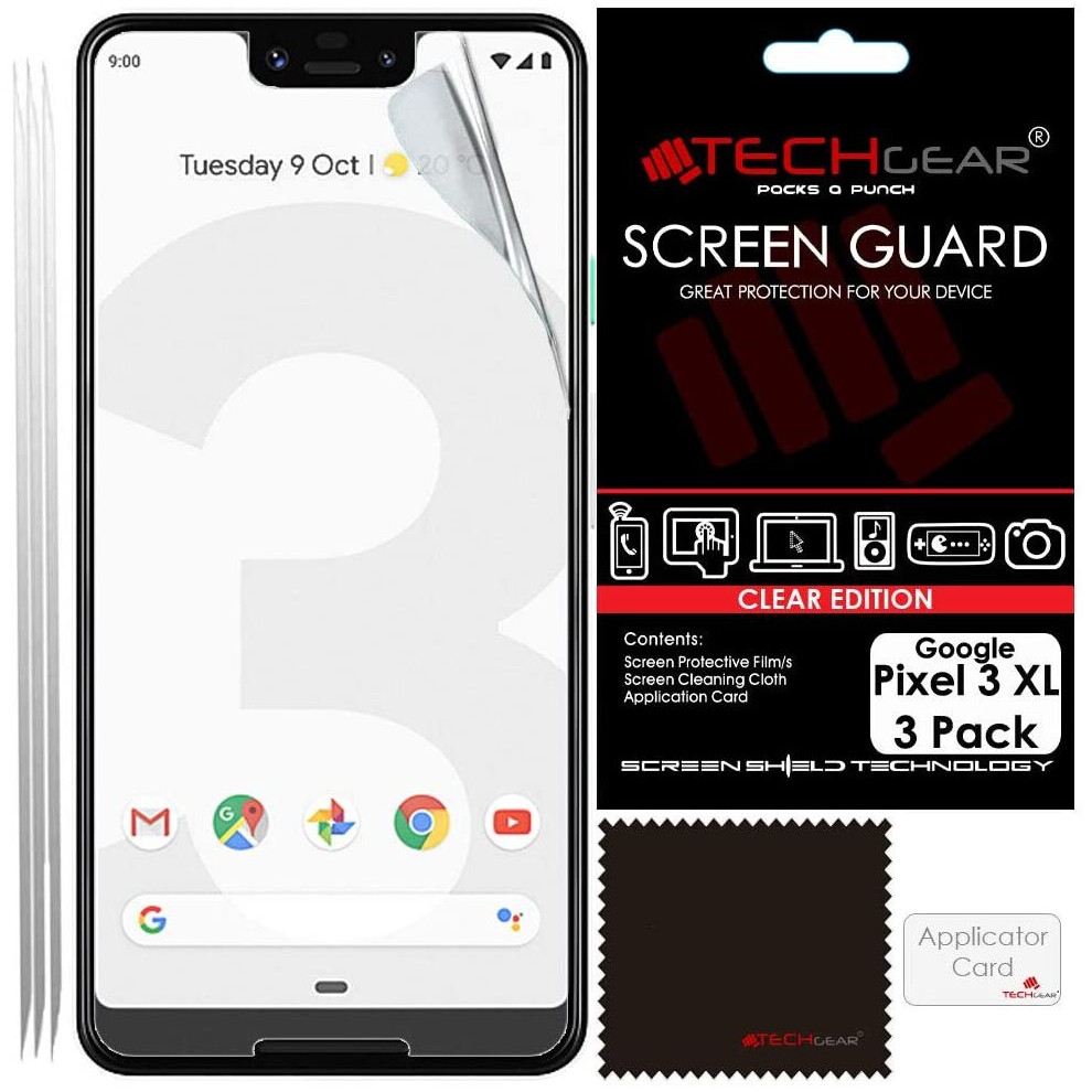 [3 Pack] TECHGEAR Screen Protectors for Pixel 3 XL- Clear Lcd Screen Protector with Cleaning Cloth & Application Card