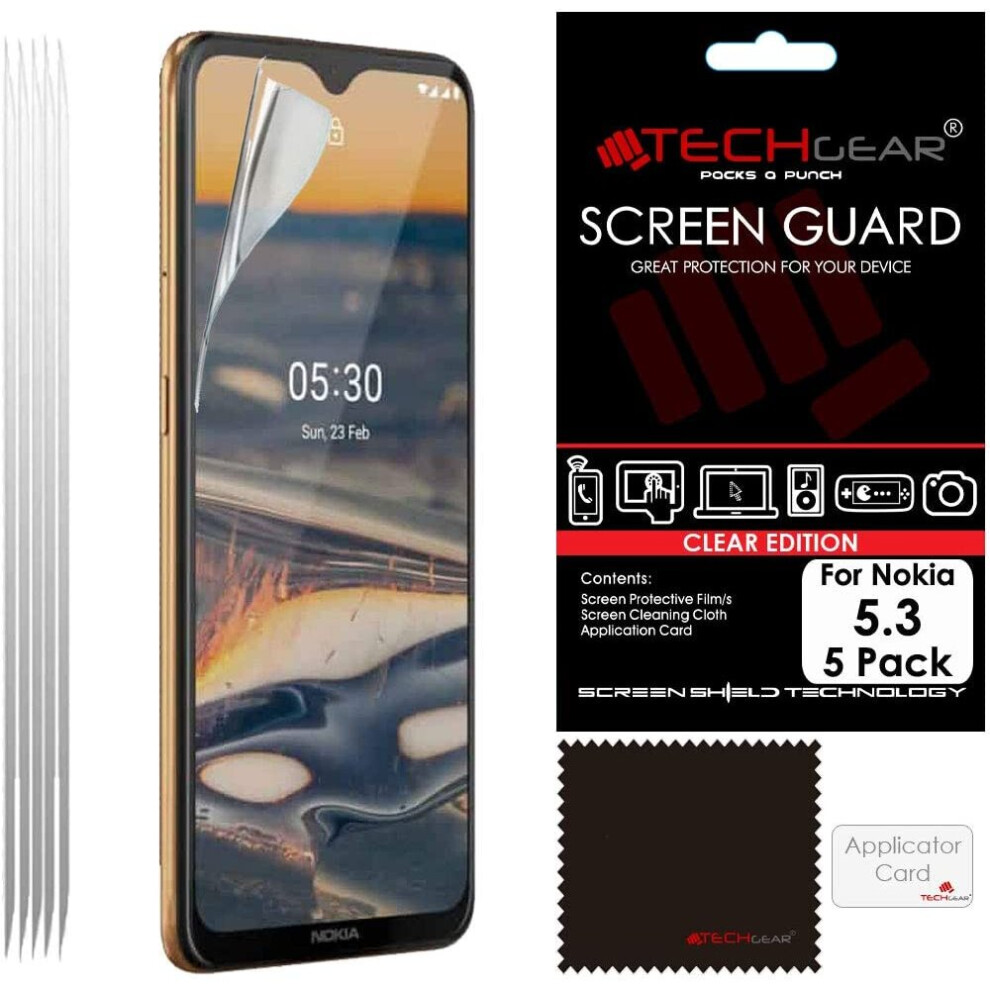 [5 Pack] TECHGEAR Screen Protectors Compatible with Nokia 5.3, CLEAR LCD Screen Protectors Cover Guards