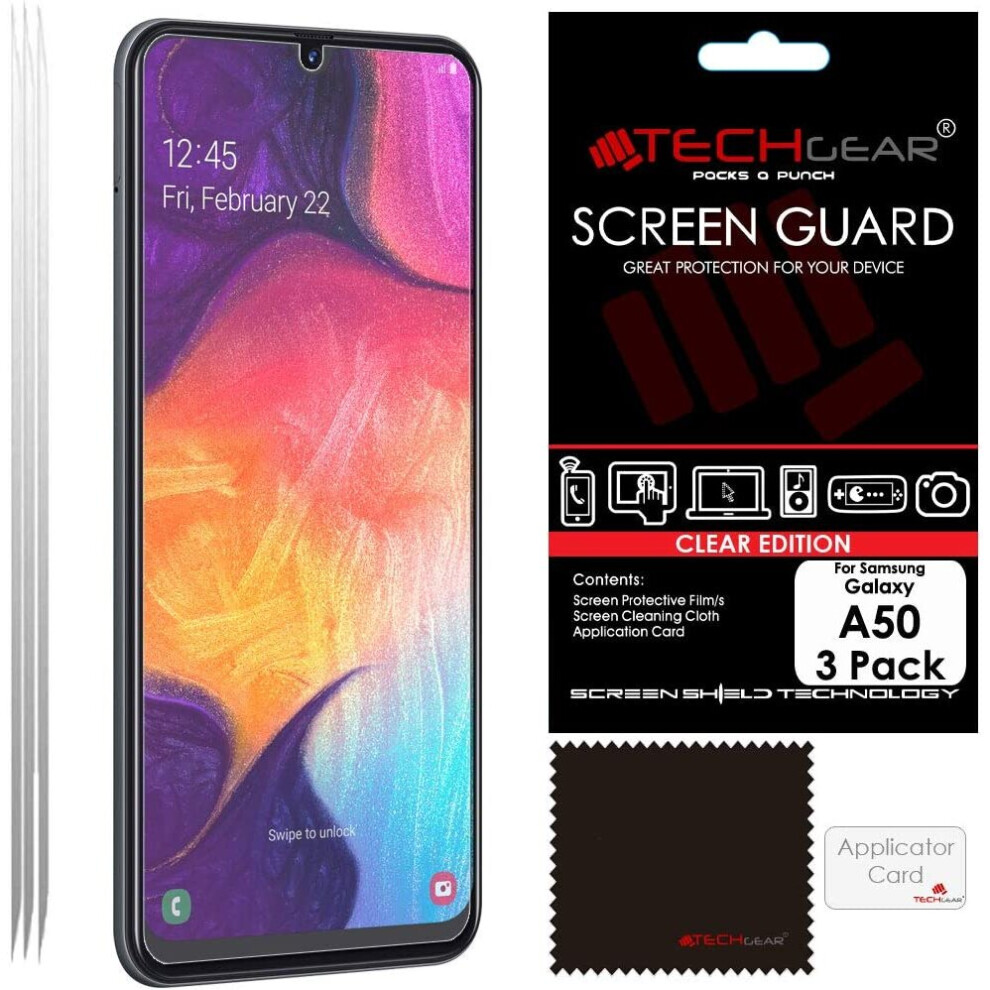 [3 Pack] TECHGEAR Screen Protectors Compatible with Samsung Galaxy A50, CLEAR LCD Screen Protectors Cover Guards