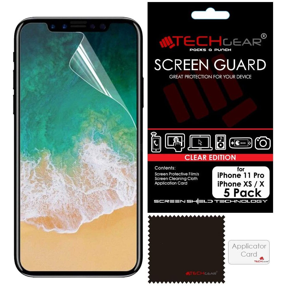 Techgear [5 Pack] Screen Protectors For Iphone 11 Pro, Iphone Xs - Clear Lcd Screen Protector With Cleaning Cloth & Application Card