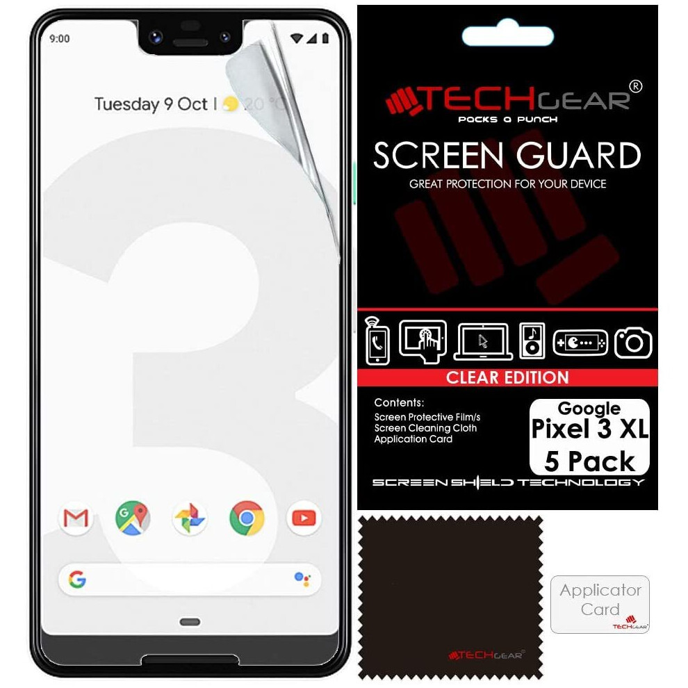 [5 Pack] TECHGEAR Screen Protectors for Pixel 3 XL- Clear Lcd Screen Protector with Cleaning Cloth & Application Card