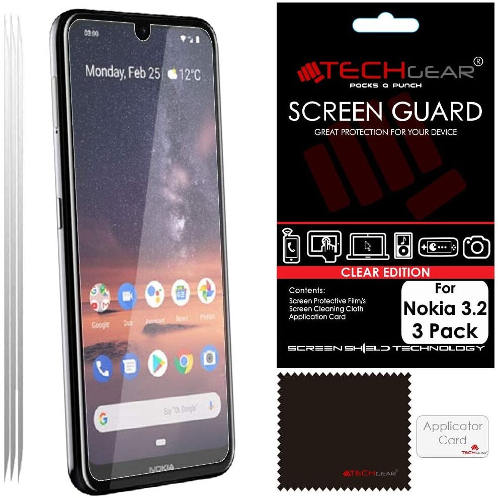 [3 Pack] TECHGEAR Screen Protectors for Nokia 3.2, CLEAR LCD Film Screen Protectors Cover Guards Compatible with Nokia 3.2