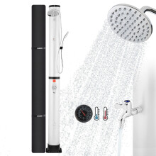 AREBOS Solar Shower 40 L | with integrated thermometer | hand shower | swivel shower head | incl. mounting material & cover| Aquastop function |Silver