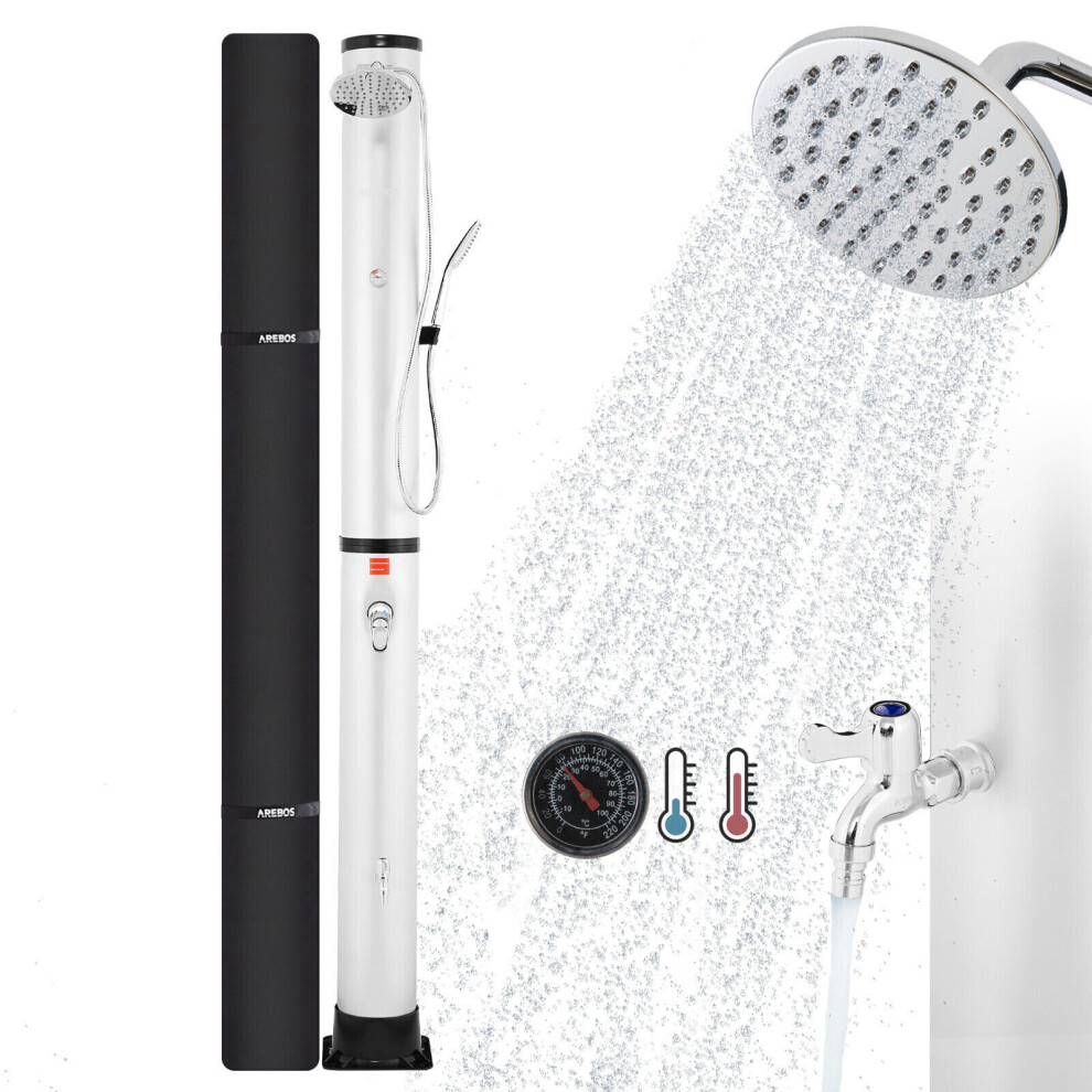 AREBOS Solar Shower 40 L | with integrated thermometer | hand shower | swivel shower head | incl. mounting material & cover| Aquastop function |Silver
