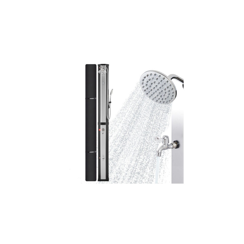 AREBOS Solar Shower 60 L | with Hand Shower & Thermometer | Water Temperature up to 60C Pool Shower Camping | Incl. Cover | Black-Silver
