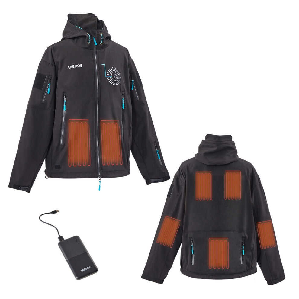 AREBOS Waterproof Winter Jacket|Heatable Soft Shell Jacket with Hood Ladies Men|7 Heating Zones & 3Heating Levels|incl. Powerbank TÜV tested |Size M