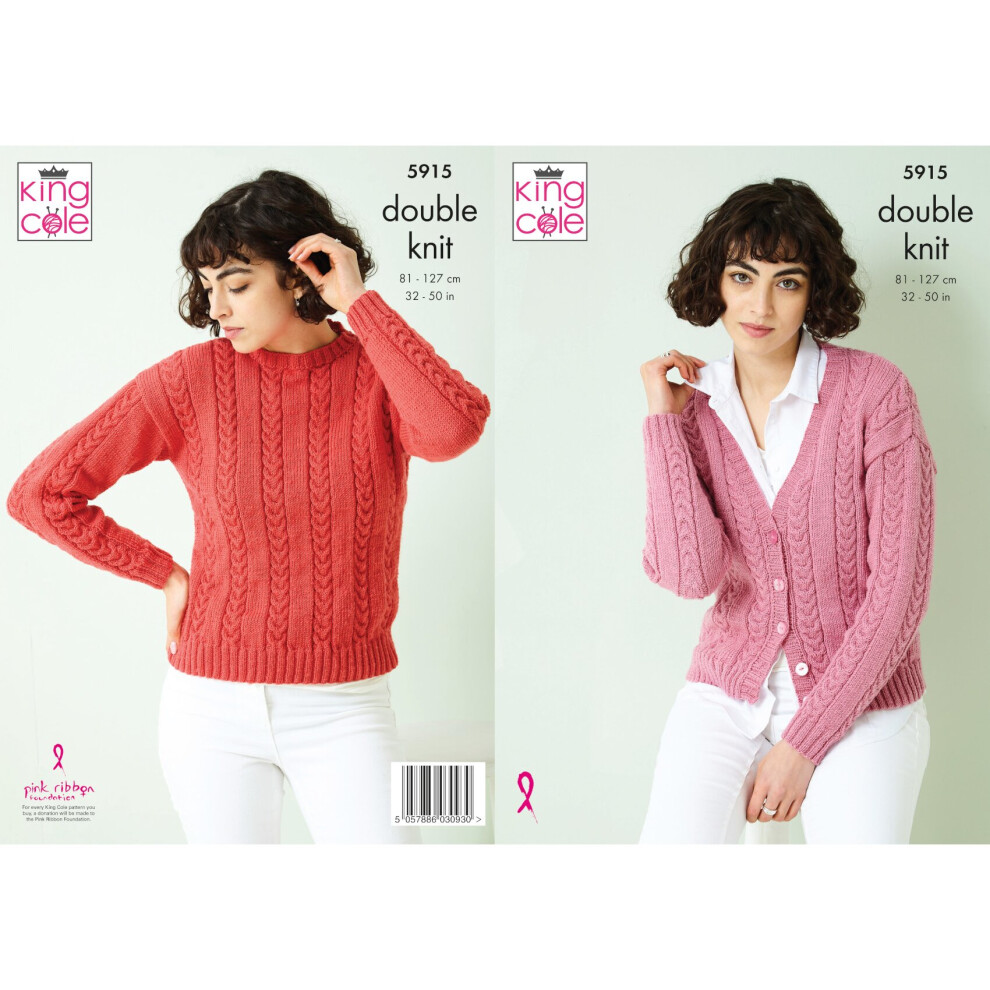 King Cole 5915 DK Knitting Pattern Ladies Cable Sweater & Cardigan