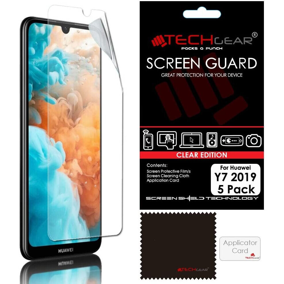 [5 Pack] TECHGEAR Screen Protectors for Huawei Y7 2019, CLEAR LCD Screen Protectors Cover Guards Compatible with Huawei Y7 2019