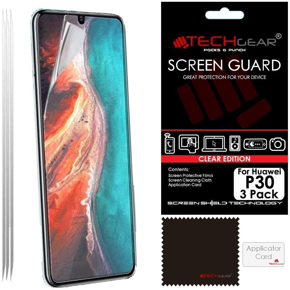 [3 Pack] TECHGEAR Screen Protectors fits Huawei P30, CLEAR LCD Film Screen Protectors Cover Guards Compatible with Huawei P30