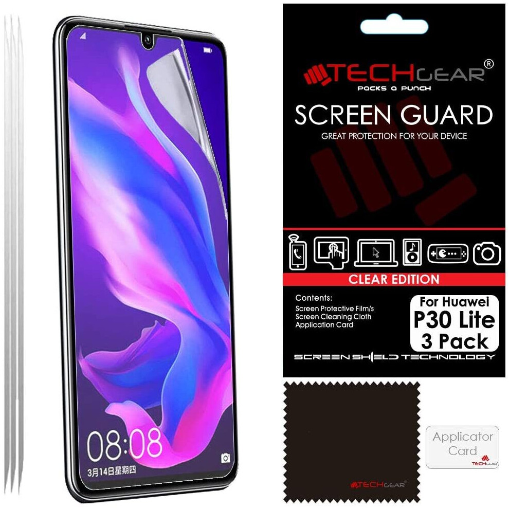 [3 Pack] TECHGEAR Screen Protectors fits Huawei P30 Lite, CLEAR LCD Film Screen Protectors Cover Guards Compatible with Huawei P30 Lite