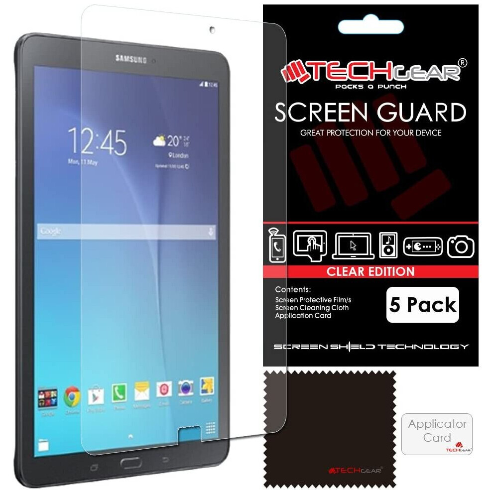 [Pack of 5] TECHGEAR Screen Protectors for Samsung Galaxy E 9.6 Inch - Clear Screen Protectors With Cleaning Cloth + Card (SM-T560, T561, T565)