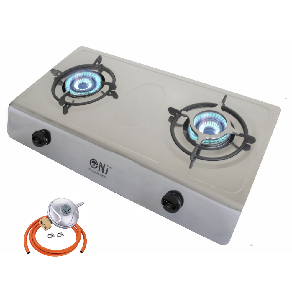 (Butane Screw-on) NJ-200SD Gas Stove 2 Burner Stainless Steel Indoor Cooktop