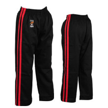(120 cm) PLAYWELL FULL CONTACT TROUSERS - BLACK W/ 2 RED STRIPES COTTON