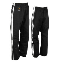 (120 cm) PLAYWELL FULL CONTACT TROUSERS - BLACK W/ 2 WHITE STRIPES COTTON