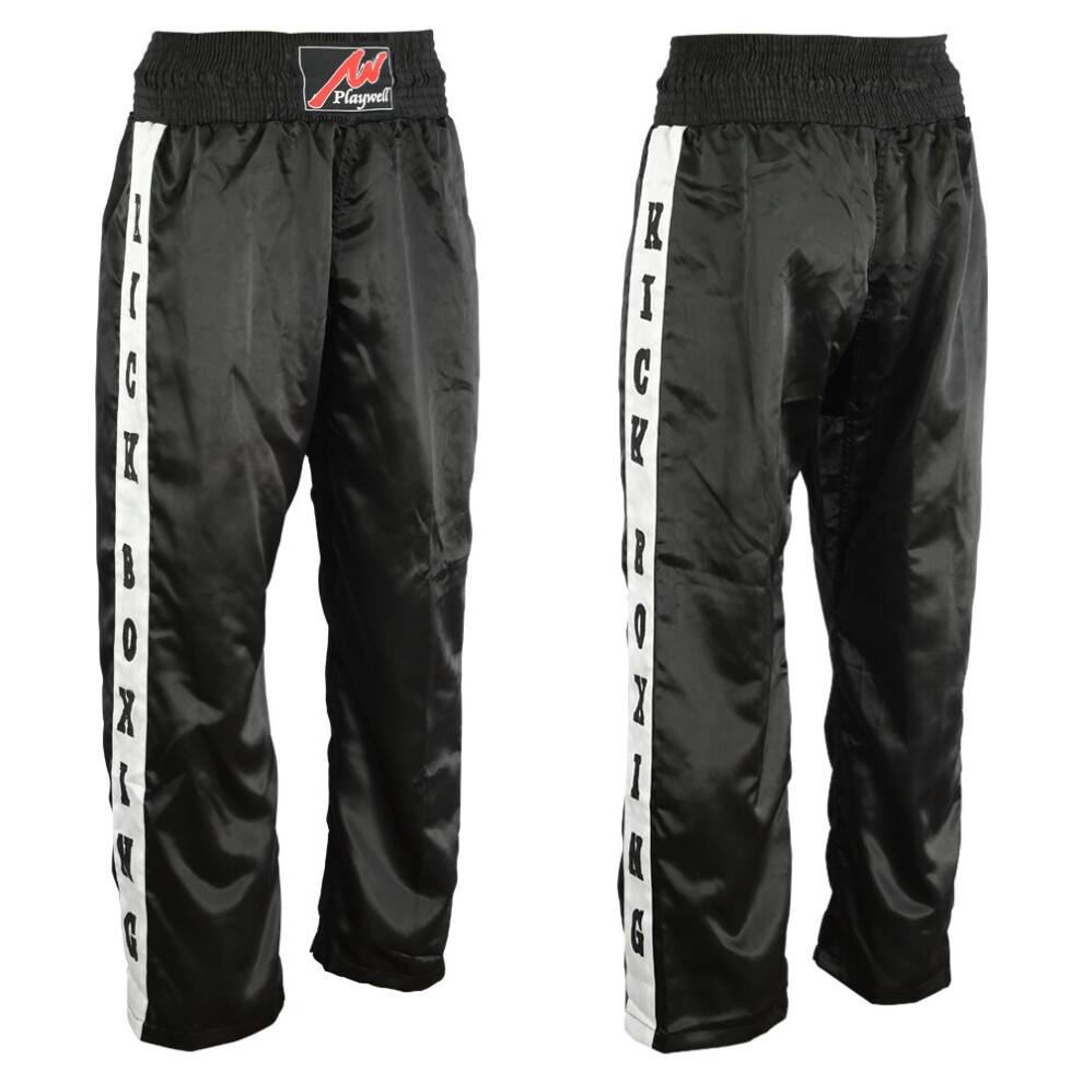 (170 cm) PLAYWELL FULL CONTACT TROUSERS - BLACK/ WHITE KICKBOXING PATCHES
