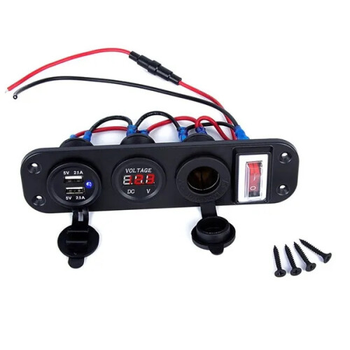 (Red) 4 In 1 Digital Voltmeter+12V Cigarette Lighter Socket +Dual USB Power Charger Adapter