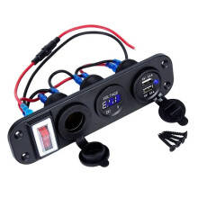 (Blue) 4 In 1 Digital Voltmeter+12V Cigarette Lighter Socket +Dual USB Power Charger Adapter