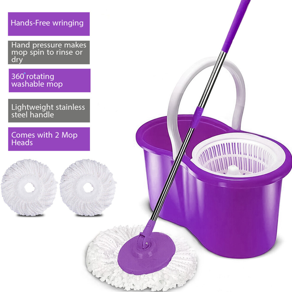 (Purple) 360 Degree Spinning Mop Bucket Home Cleaner Cleaning With 2 Microfiber Mop Heads