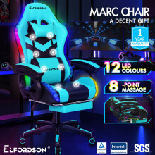 ELFORDSON Gaming Office Chair 12 RGB LED Massage Computer Seat Footrest Cyan