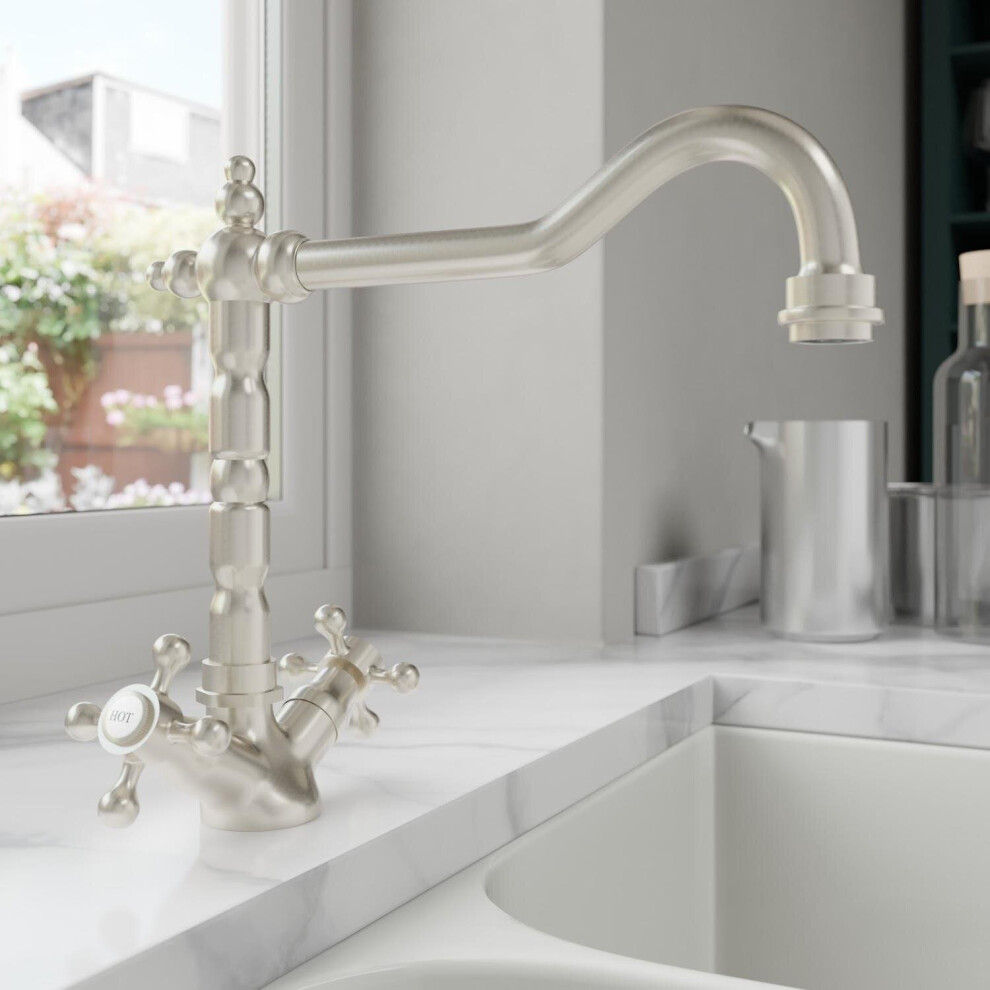 Traditional Brushed Nickel Kitchen Mixer Tap Twin Cross Handles Sink Faucet Taps 5056467278532