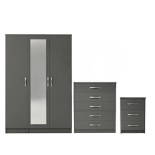 Ready assembled 3 Pcs Classic 3 Door Mirrored Wardrobe, Chest And Bedside Set Grey