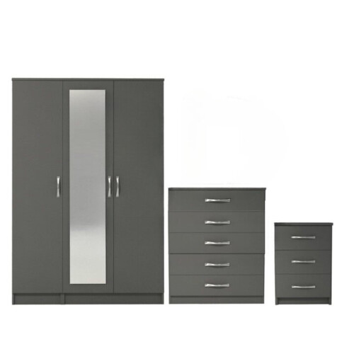 Ready assembled 3 Pcs Classic 3 Door Mirrored Wardrobe, Chest And Bedside Set Grey