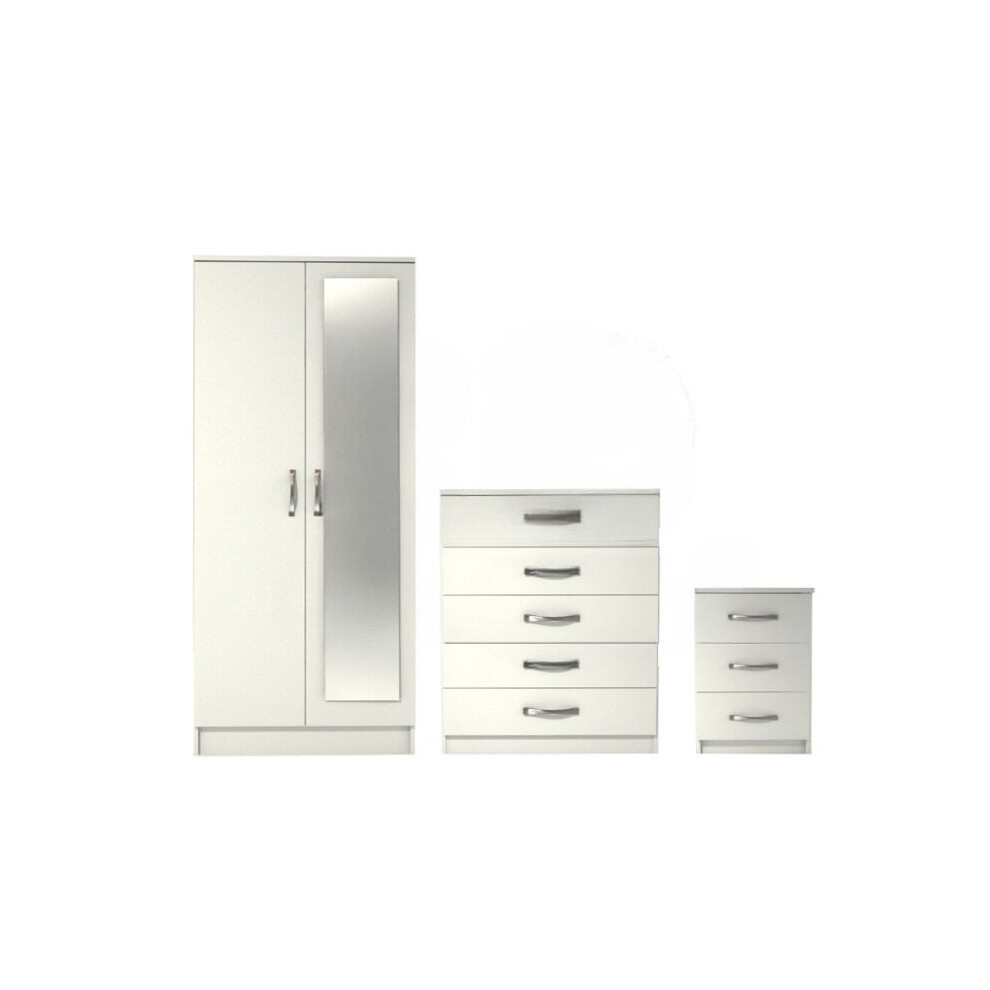 Ready assembled 3 Pcs Classic 2 Door Mirrored Wardrobe, Chest And Bedside Set White