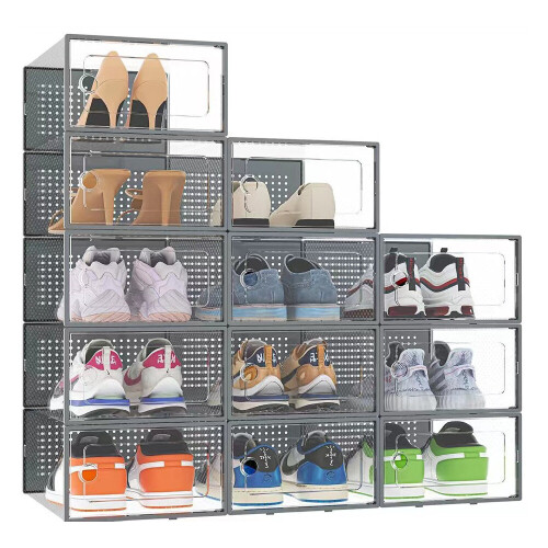Living And Home (Grey) 12x Stackable Shoe Storage Box Organiser