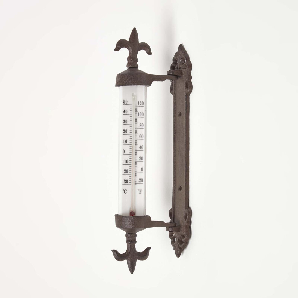 Homescapes Traditional Style Cast Iron Outdoor Garden Thermometer Brown