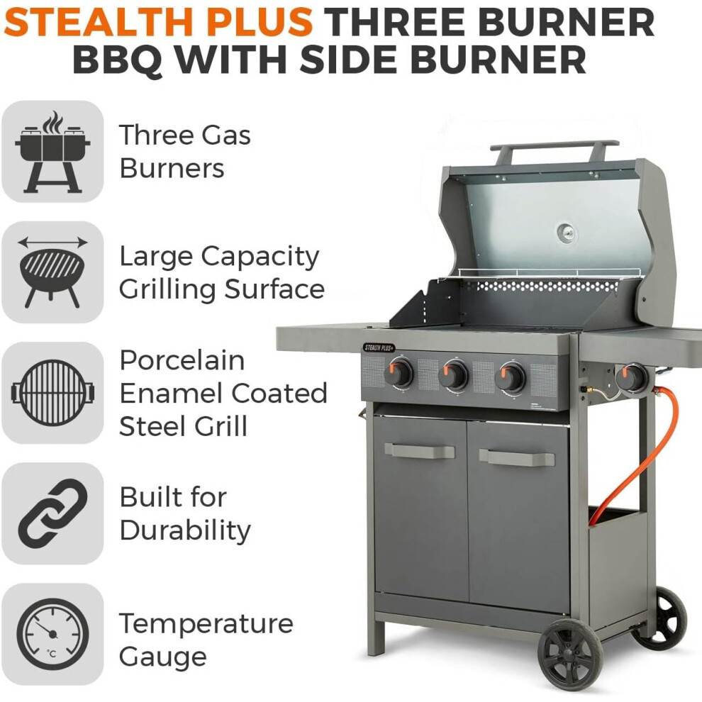 Tower T978523 Plus 3 Burner Gas BBQ with Side Burner & Waterproof Cover, Black