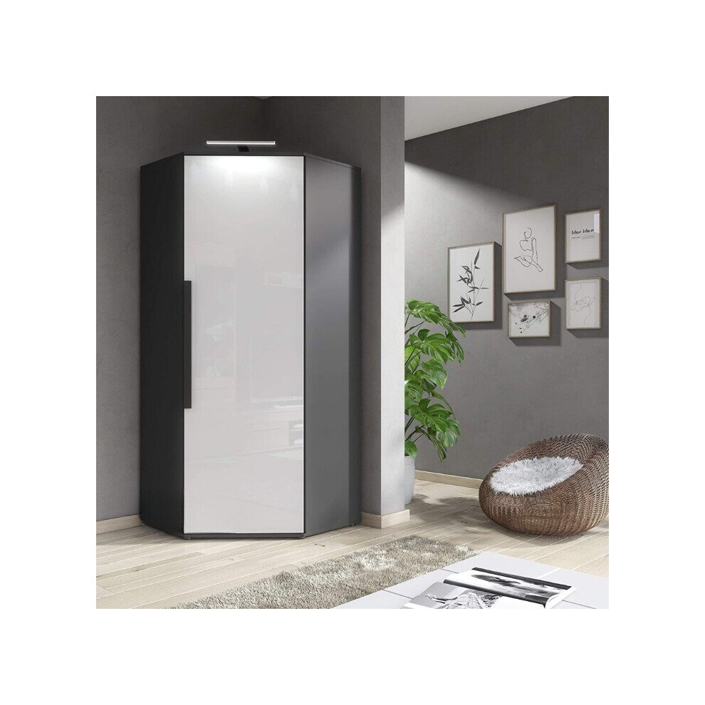 Furneo (With Led Lights) Gloss & Matt Graphite Corner Wardrobe Closet Storage Clifton 14G Led Light White