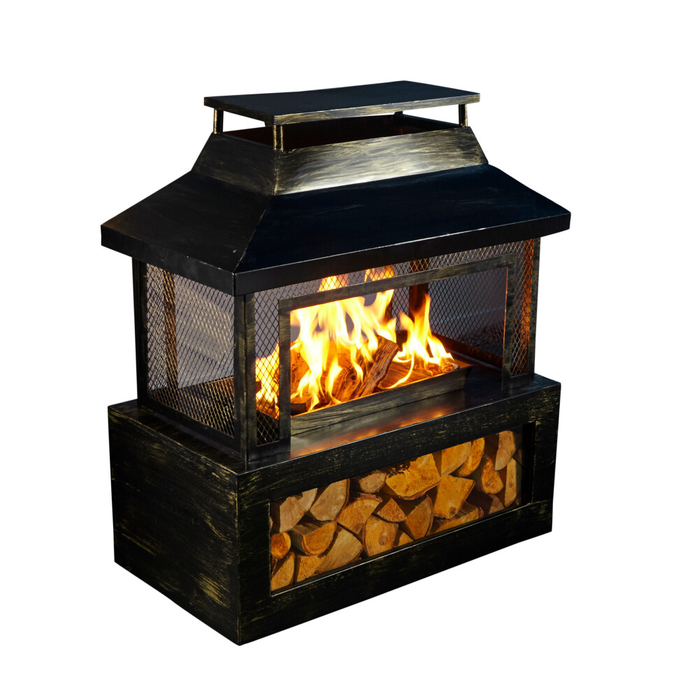 Black Outdoor Fire Pit Log Burner With Mesh Surround and Storage