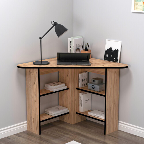 (Atlantic Pine - Black Band) Gredos Computer Desk with Shelves 2
