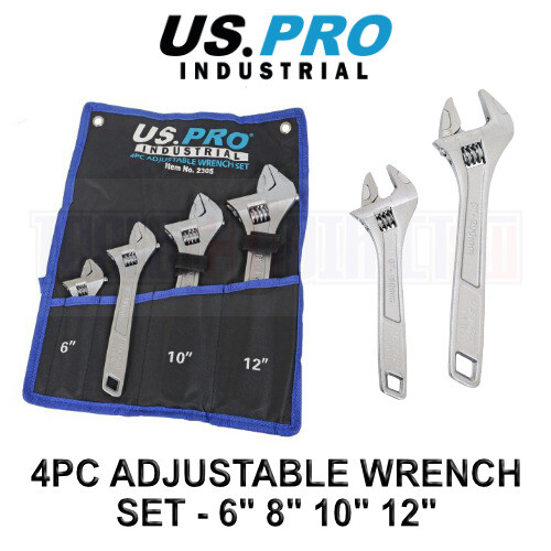 US PRO INDUSTRIAL 4PC Adjustable Wrench Spanner Set Sizes 6", 8", 10", and 12" 2305