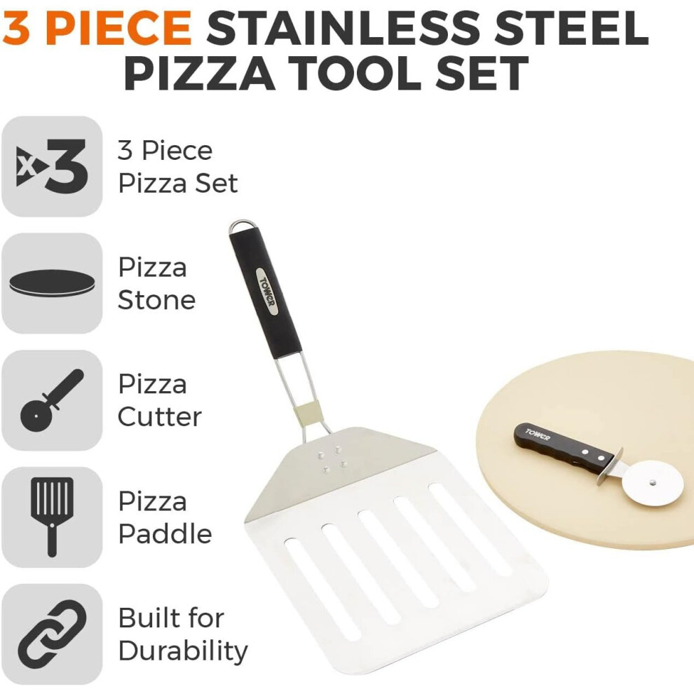 Tower T932025 3pc BBQ Pizza Tool Set includes Pizza Stone, Cutter, Paddle, Suitable for 12ins Pizzas, Stainless Steel