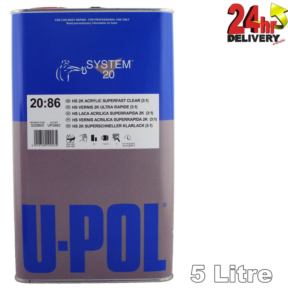 U-Pol S2086 2K Lacquer Acrylic Superfast Clearcoat (3:1) 5 Litre High Build Upol 5010796104535