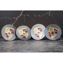 Set of 4 Grey Gold Porsche logo centre alloy wheel caps 75mm