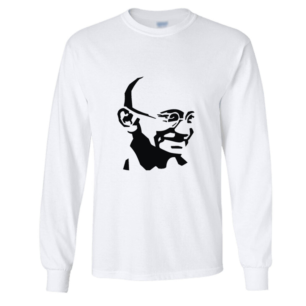 (M) Mahatma Gandhi Hindi Indian Mens Long Sleeve T-Shirt White Basic Tee Top