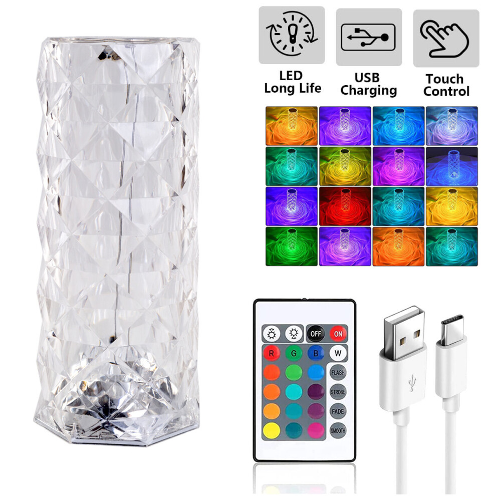 RGB Rose LED Crystal Table Lamp Night Light Touch Remote Ctrl