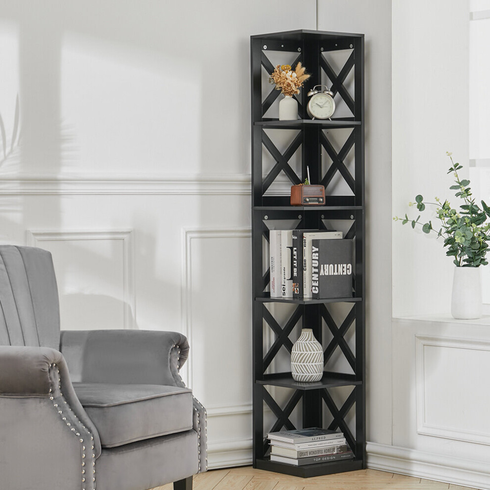 (6 Tier Black) Tall Wooden Corner Storage Shelf Bookshelf Display Cabinet Rack