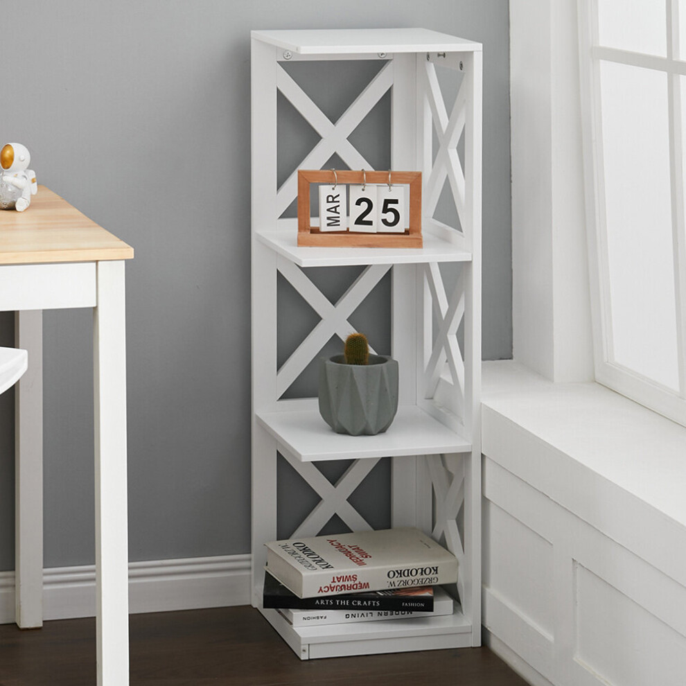 (4 Tier White) Tall Wooden Corner Storage Shelf Bookshelf Display Cabinet Rack