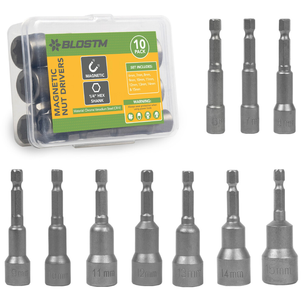 Blostm Magnetic Nut Driver Impact Drill Bit Socket Set 6-15Mm 1/4" Hex 10Pcs 5060914440915