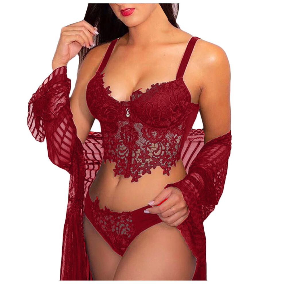 (Red, M) Sexy Lace Set for Women Plus Size Eyelesh Nightwear Bra and Panty Set Soft 2 Piece Green S-image-OPC-PBF62FH-NEW
