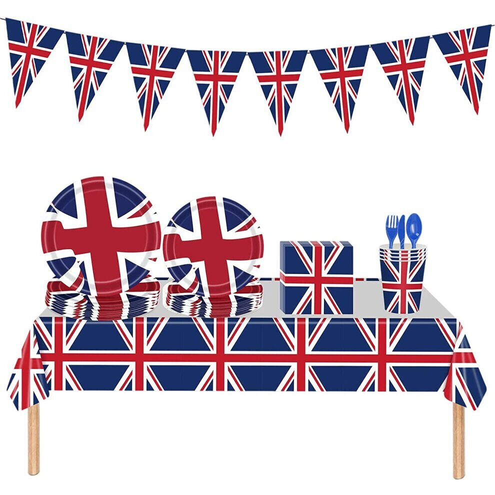 114 Pcs Tableware Set Union Jack Tablecloth/Napkins/Cups/Paper Plates/Dinnerware Set/Bunting Flags King Charles Coronation 2023 Party Supplies