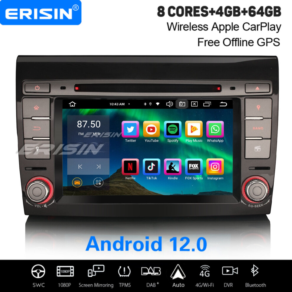 8-Core 4Gb+64Gb Android 12 Car Stereo Fiat Bravo Carplay Wifi Bluetooth 5.0 Dab+ Satnav Obd2 Tpms Dvr 737655236262