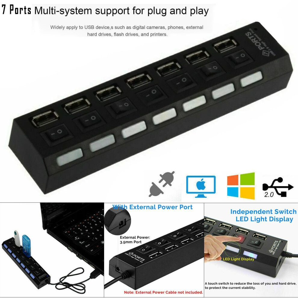 7 Port High Speed Multi USB Hub 2.0 Desktop PC Laptop Adapter Mac