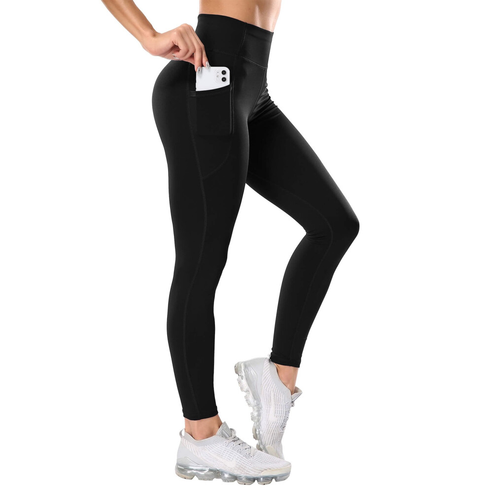 (Black, S) 3 Pack High Waist Yoga Pants with Pockets Leggings for Women Running Workout Tights