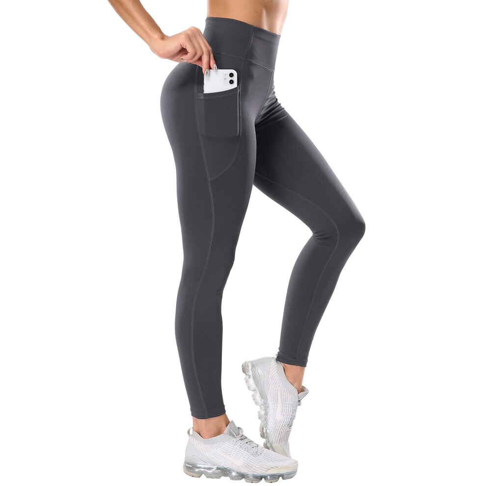 (Gray, L) 3 Pack High Waist Yoga Pants with Pockets Leggings for Women Running Workout Tights