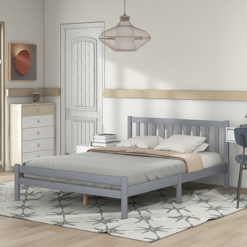 (Grey) 135 x 190 cm Double Bed 4ft6 Solid Wooden Bed Frame