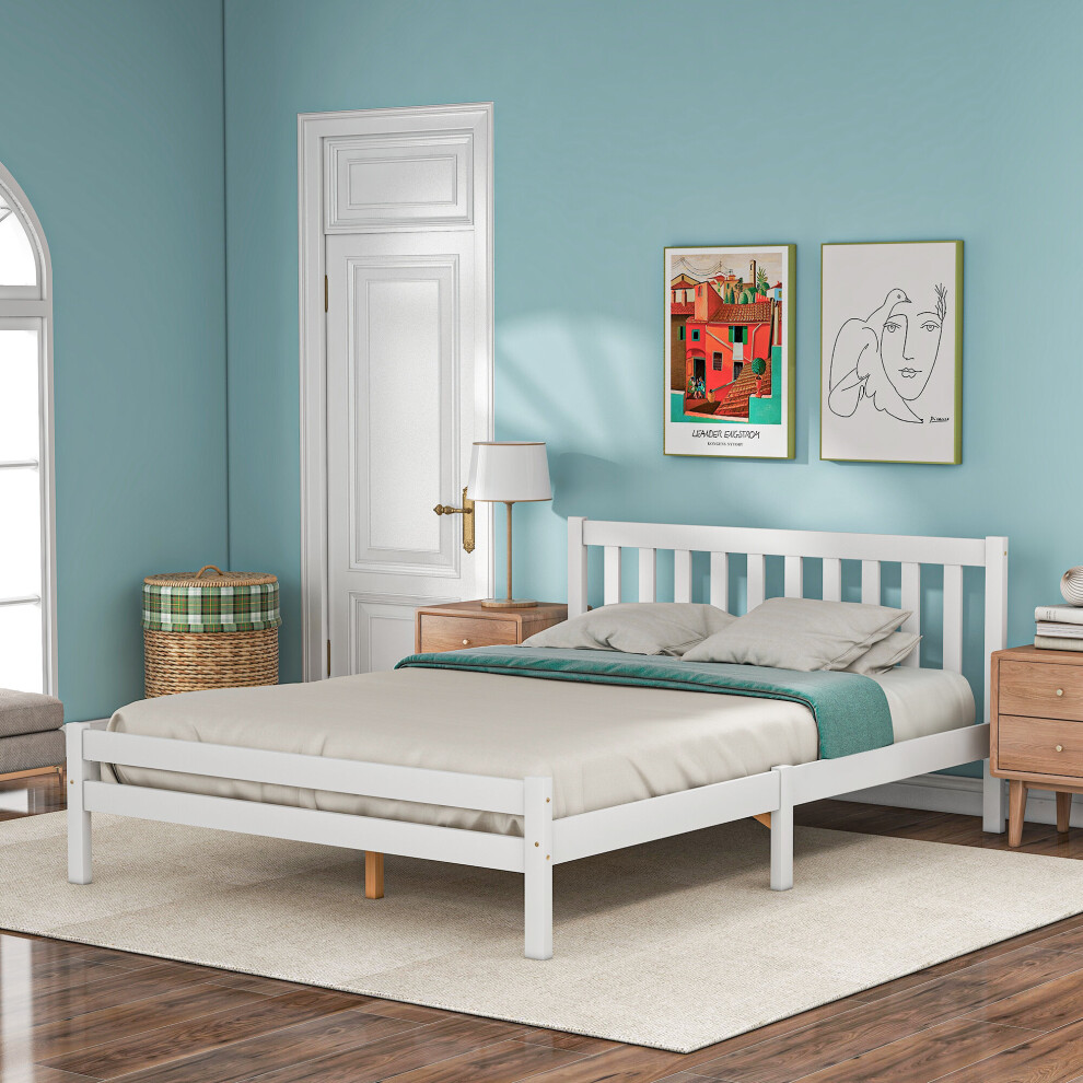 (White) 135 x 190 cm Double Bed 4ft6 Solid Wooden Bed Frame